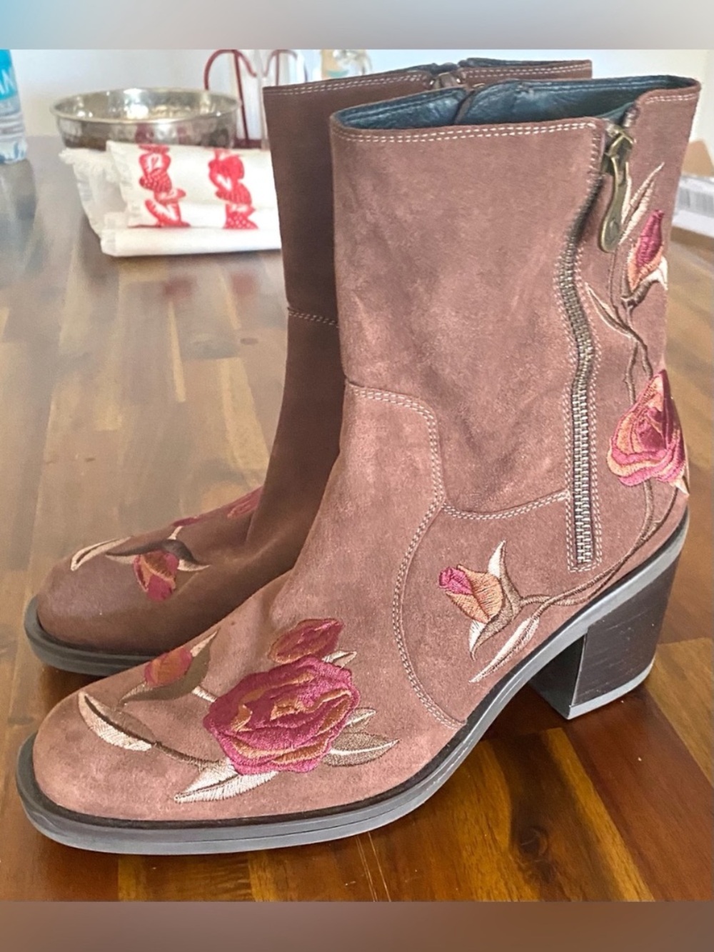 kanna Brown Suede Embroidered Ankle Boots with Pink Floral Detail. Made Spain.